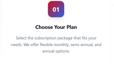 Step 01 Choose Your Plan section showing flexible monthly and annual subscription package options.