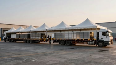 Panoramic wide shot of a logistics loading dock at golden-hour industrial light, event tents and deck panels being loaded onto a flat-bed truck by a crew, equipment stacked and strapped, concrete floor, no smiling faces