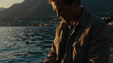 Cinematic film still, high-contrast chiaroscuro, a dramatic close-up of a fisherman on Volta Lake, golden hour light, 35mm grain.