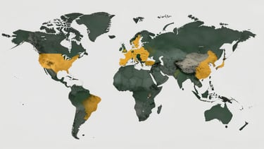 Wide panoramic political world map in flat charcoal tones, fourteen destination countries highlighted in bright amber-yellow — UAE, Saudi Arabia, Qatar, Oman, Malaysia, Sri Lanka, Bangladesh, Singapore, Vietnam, United Kingdom, Netherlands, Russia, Mauritius — rendered as filled country shapes against a deep green-grey landmass, clean minimal cartographic style, no text labels, generous ocean negative space, viewed from slightly above the equator