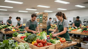 Wide interior shot of a produce pack house, wooden sorting tables with workers grading fresh vegetables under bright fluorescent daylight, stacked export cartons and mesh bags visible in background, operational scale evident, true colour, no posed smiling portraits