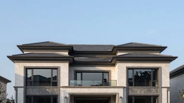 Wide panoramic architectural shot of a completed luxury estate facade at golden hour, clean lines, slate gray and white finishes, expansive sky