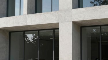 A minimalist architectural detail of a modern Turkish technology park. Clean concrete lines, large glass windows, and a neutral color palette of grey and white under soft daylight.