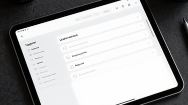 Overhead shot of a tablet displaying a clean, minimal UI design system. The colors are white, light grey, and dark charcoal. Professional creative tools in the background.