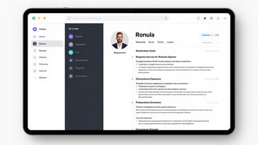 Full-width high-key product screenshot of the ResumeAI editor interface: a split-panel layout showing a resume document on the right with live formatting, and a left sidebar with drag-and-drop section handles and AI suggestion chips visible. Clean studio lighting, no shadows, white background inside the UI chrome. Tight crop showing the full editor at 1440px width, no humans, no office context.