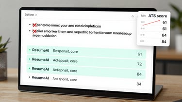 Wide product screenshot showing the AI suggestion overlay panel inside the ResumeAI editor: a before-and-after comparison of a bullet point with red strikethrough on the weak original and three teal-highlighted replacement options ranked by ATS score. An ATS score card in the upper-right corner shows a numeric score increasing from 61 to 84. High-key clean studio lighting, no humans, no office context, tight crop on the AI overlay detail.