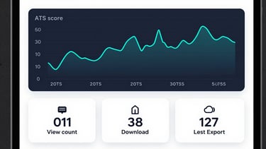 Wide app screenshot of a resume analytics dashboard panel — line chart showing ATS score trajectory over five weeks with teal data line on dark navy background, below it a row of three metric tiles showing view count, download count, and last-export timestamp, high-key interface lighting, no humans, clean studio clarity, tight crop on the metrics UI
