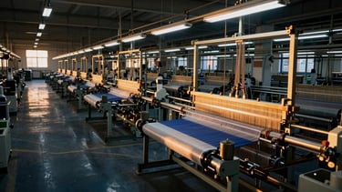 Wide panoramic view of a vast, organized textile factory floor at golden hour, automated weaving looms stretching into the distance, crisp overhead factory illumination, deep navy and warm brass tones, sharp focus, 35mm.