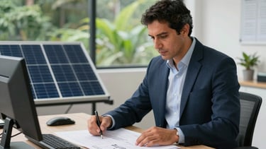 Professional South American / Colombian solar energy expert in a light-filled office, reviewing technical installation plans on a table with a background showing a glimpse of lush green vegetation, photography style is clean and professional with soft lighting and accents of dark blue and medium green.