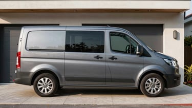 A clean, modern grey service van parked in front of a contemporary home, soft morning side-light, brushed metal details, professional architectural framing, 50mm lens
