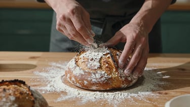 Moody close-up of a chef's hands dusting flour over freshly baked sourdough bread on a wooden table, soft Scandinavian daylight casting long shadows, 35mm photography