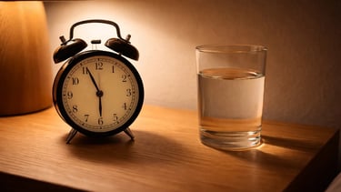 A vintage alarm clock and glass of water on a wooden bedside table illuminated by a warm lamp.