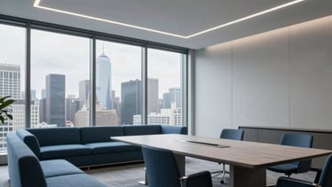 A high-end, minimalist conference room in a North American corporate building. Large glass windows overlook a New York city skyline. The interior features slate blue furniture, light grey walls, and professional soft lighting. A clean, tech-forward environment reflecting professional innovation.