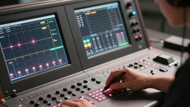 Detail photography of a professional lighting designer at a high-tech control console with small pink indicator lights, soft studio atmosphere.