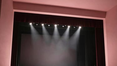 Modern photography of a theatrical stage plot showing complex lighting positions, rendered in a clean architectural style with muted pink accents.