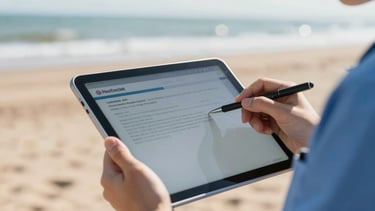 A close-up of a healthcare worker in Westcliff-On-Sea using a tablet to review diagnostic suggestions in natural daylight, professional and focused.