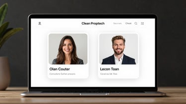 Clean proptech interface mockup showing a secure chat window between a property owner and a buyer, natural light, high contrast, minimal design