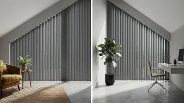 Modern grey vertical blinds installed on angled sloped windows in a minimalist home office and living room.