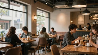 Wide panoramic interior shot of a modern café with warm lighting, comfortable seating, and a few patrons enjoying their drinks, soft natural window light, inviting atmosphere, 35mm