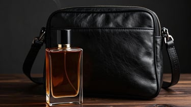 A refined still life photography of a luxury fragrance bottle with deep amber liquid, placed next to a sleek black leather crossbody bag on a dark wood surface. Minimalist composition, soft smoke accents, cinematic lighting, North American / European lifestyle aesthetic.