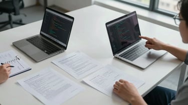 Wide overhead view of a real office table mid-session: printed documentation, open laptops showing code, handwritten notes on ruled paper, two sets of hands visible pointing at a shared screen, bright even daylight from large windows, no faces, no posed elements