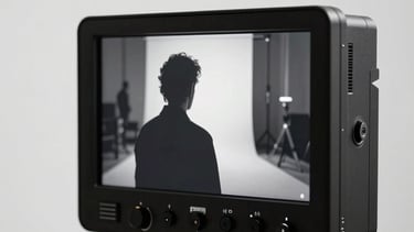 Sleek shot of a film monitoring screen displaying a high-contrast black and white scene. Minimalist studio setting.