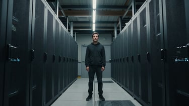 Cinematic letterboxed shot of a solitary figure standing in a massive, dark server warehouse, illuminated by a single overhead neon beam.