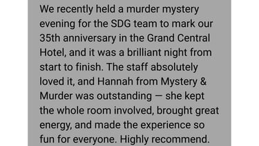 a five star review from a murder mystery for a corporate company