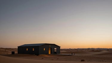Wide landscape view of a digital desert at dusk with a minimalist research outpost. Architecture design meets game art. Deep slate shadows and warm horizon glow.