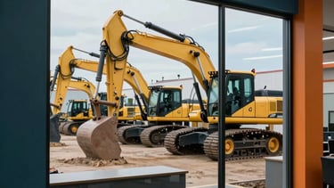 Professional high-end photograph of a heavy equipment brokerage office in North American / US. Through a large pane of glass, a fleet of industrial machinery is visible in a neat yard under a pale blue sky. The interior design features dark teal and burnt orange accents. Sharp focus, high-quality architectural style.