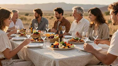 A wide-angle shot of guests enjoying an outdoor dinner party in Southern Utah, warm evening light, beautifully arranged food platters on pale linen tablecloths