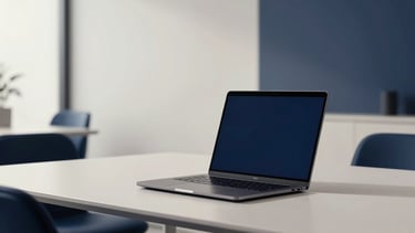 A high-end, professional photography shot of a modern, minimalist Italian office in Milan. A high-quality business laptop sits on a sleek desk with soft natural lighting. The color palette features deep navy blue and off-white. Professional atmosphere, clean and sophisticated digital environment.