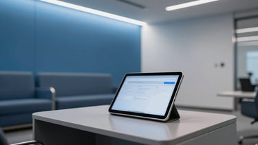 A sharp, medium-wide photography shot of a high-tech corporate lounge in North America / US. The room features slate blue and sky blue accent walls with integrated LED strips. A sleek, metallic smart tablet sits on a modern side table. The aesthetic is clean, professional, and captures a sense of modern efficiency and innovation.