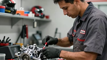 A detailed photograph of a professional South American motorcycle mechanic in a clean, modern workshop in Brazil, wearing a dark grey uniform. The lighting is cinematic, highlighting chrome motorcycle parts and red accents. High-quality shot focusing on the expert precision and organized tool environment.
