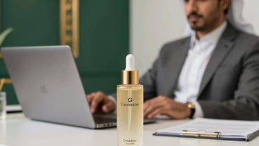 A professional photography shot of a bright, modern office space in Casablanca, Morocco. On a clean white desk, an elegant gold-capped skincare bottle sits next to a designer laptop. In the background, a professional Middle Eastern consultant is visible in soft focus. The scene features deep green and gold decorative elements, creating a sense of luxury and entrepreneurship.