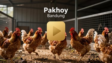A professional video player interface showing a video of Pakhoy chickens roaming in a clean, modern, sunlit biosecure farm facility in Bandung, with a gold play button overlay.