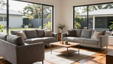 A wide photography shot of a sun-drenched, modern Australian living room in Adelaide with polished timber floors, minimalist grey furniture, and bright natural light coming through large windows, conveying a fresh and meticulously clean atmosphere.