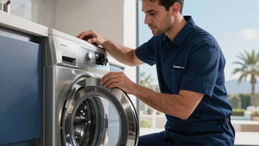 A high-end modern kitchen setting in a Dubai villa, Middle Eastern / Gulf environment. A focused professional technician wearing a smart navy blue uniform is inspecting a sleek, stainless steel washing machine. The scene is bright and airy with modern architectural details. Color scheme incorporates deep navy blue and soft sky blue accents. Professional commercial photography.