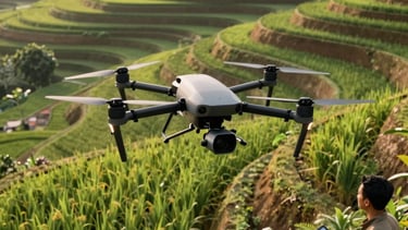 A professional high-angle shot of a high-tech agricultural drone flying over lush green terraced rice fields in the Indonesian highlands. A young Southeast Asian professional in field attire is visible in the corner of the frame holding a tablet. Warm morning sunlight, modern and sustainable agricultural atmosphere, with earth brown and fern green tones.