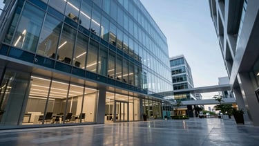 A wide-angle, low-angle photography shot of a sleek, modern North American corporate tech hub with high-tech glass partitions, deep blue and sky blue accent lighting reflecting on polished floors, professional atmosphere, sharp focus.