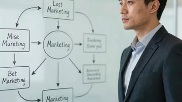 Portrait of an executive looking confidently toward a clean glass whiteboard filled with strategic marketing flows, sleek corporate mood.