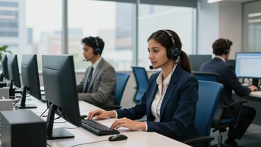 A professional South American Brazilian corporate setting. A bright, modern call center office with high-tech equipment, ergonomic chairs in medium blue, and clean desks. Large windows show a soft city daylight. Professional and innovative atmosphere with colors like dark blue and light blue integrated into the decor.