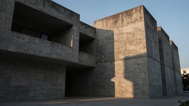 High-contrast wide anamorphic cinematic still of raw brutalist concrete architecture at dusk, heavy shadows, sharp geometric lines, dramatic natural light leak.