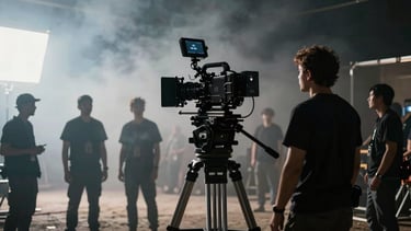 High-contrast wide anamorphic cinematic still of a film set in low light, smoke machine haze, silhouettes of crew members behind a large heavy camera setup.