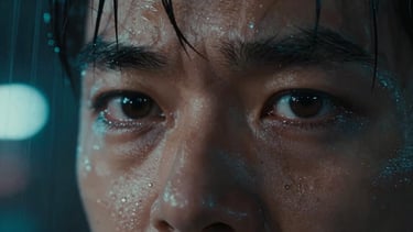 High-contrast wide anamorphic cinematic still showing intense human tension, extreme close-up of eyes reflecting cold neon lights in a rainy night environment.