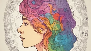 Artistic profile of a woman with colorful abstract shapes representing creativity and mental health.