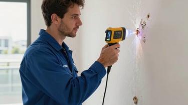 A professional North American restoration technician in a deep blue uniform using a thermal imaging camera and moisture detection equipment to inspect a water-damaged wall in a modern Miami home. The scene is bright and highlights efficient, expert service.