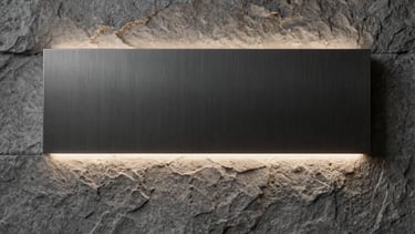 Minimalist wall interface made of dark brushed metal, glowing soft white indicator light, integrated seamlessly into stone.