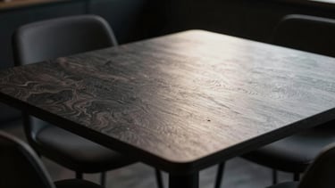 Close-up of a dark, moody dining room, light focused precisely on the table surface, shadows enveloping the corners.