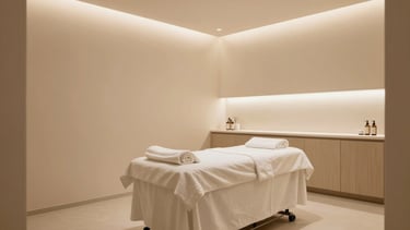 Wide panoramic shot of a premium clinical spa room in Valinhos, soft champagne tones, warm indirect lighting, minimalist elegant design.